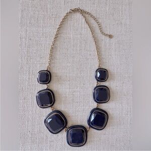 Gold Statement Necklace EUC Navy Blue Beaded Square Gemstone Adjustable Costume